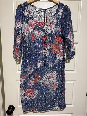 Kay Unger Navy Lace sheath dress Size 8 lace blue shimmer sequin party cocktail